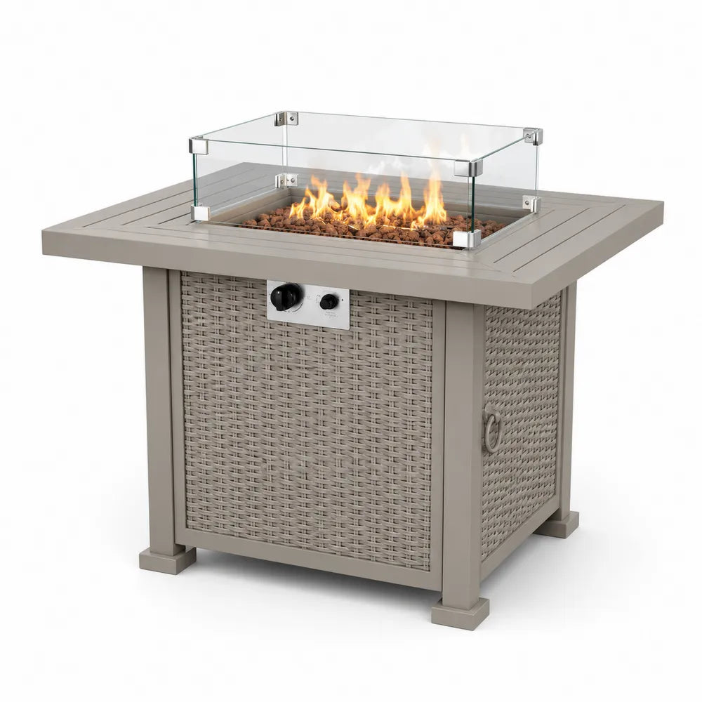 Mesa brasero de gas cuadrada para exterior con cristal templado y estructura en ratán PE 90 x 90 x 75 cm gris topo