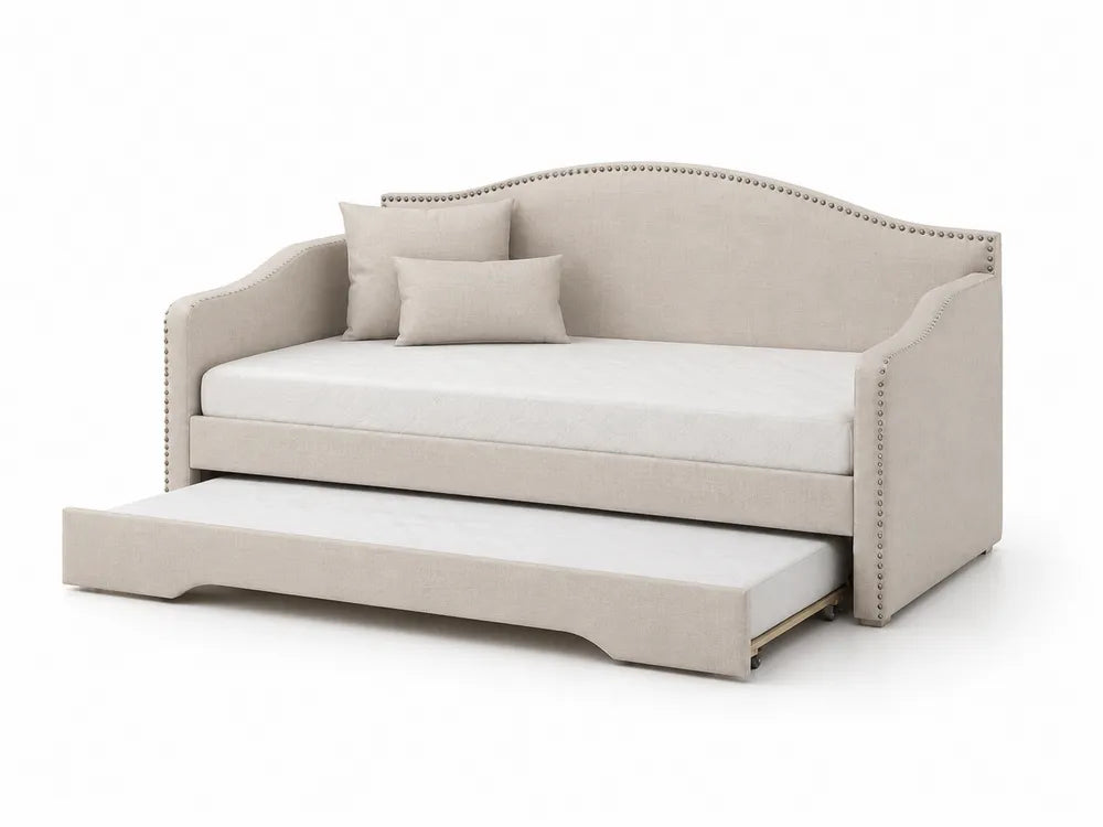 Cama de día tapizada con cama nido en poliéster beige con tachuelas metálicas estructura de madera
