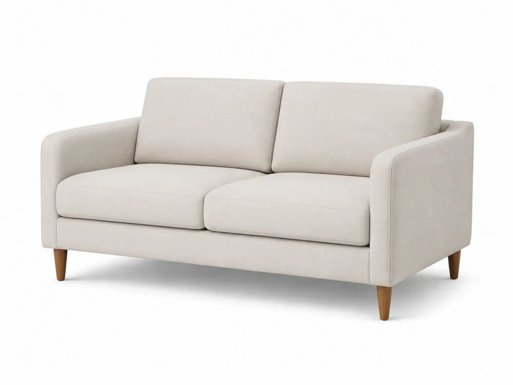 Sofá de 2 plazas tapizado en tejido beige con cojines patas de madera maciza estructura rectangular 160 x 85 x 85 cm