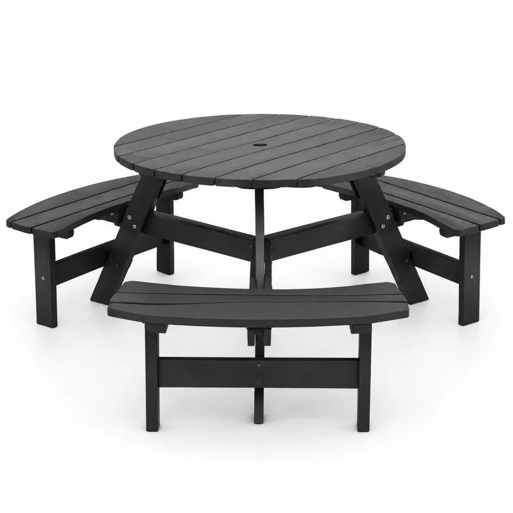 Mesa de picnic exterior redonda HDPE negro 210 cm x 210 cm x 74 cm con 3 bancos integrados
