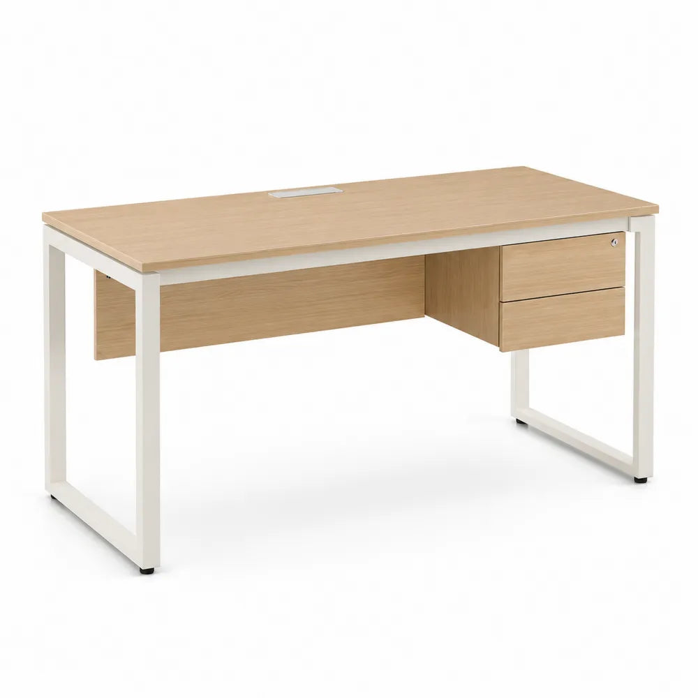 Escritorio rectangular de oficina con 2 cajones tablero de partículas melaminado roble claro estructura de acero blanca 140 x 70 x 75 cm
