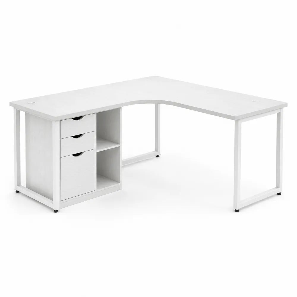 Escritorio en L con cajonera y estantes tablero de partículas melamina blanca estructura de acero blanco 150 x 150 x 75 cm