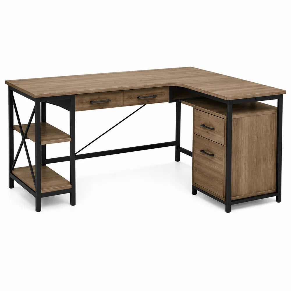 Escritorio en L 160 x 120 x 75 cm tablero de partículas roble marrón estructura de acero negro con 2 cajones y estantes abiertos