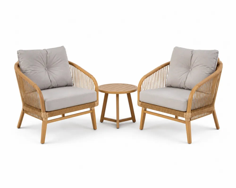 Conjunto de jardín de 3 piezas con 2 sillas y mesa auxiliar redonda de madera de acacia con cuerda trenzada y cojines grises 75 x 75 x 78 cm