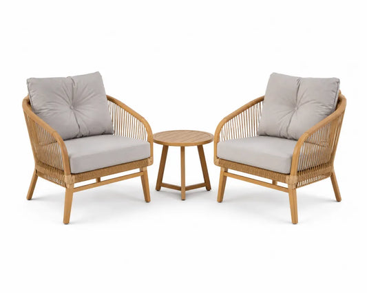 Conjunto de jardín de 3 piezas con 2 sillas y mesa auxiliar redonda de madera de acacia con cuerda trenzada y cojines grises 75 x 75 x 78 cm