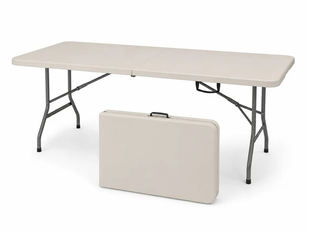 Mesa plegable de exterior rectangular de HDPE con patas de acero 183 x 76 x 74 cm beige y gris