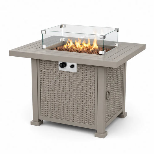 Mesa brasero de gas cuadrada para exterior con cristal templado y estructura en ratán PE 90 x 90 x 75 cm gris topo