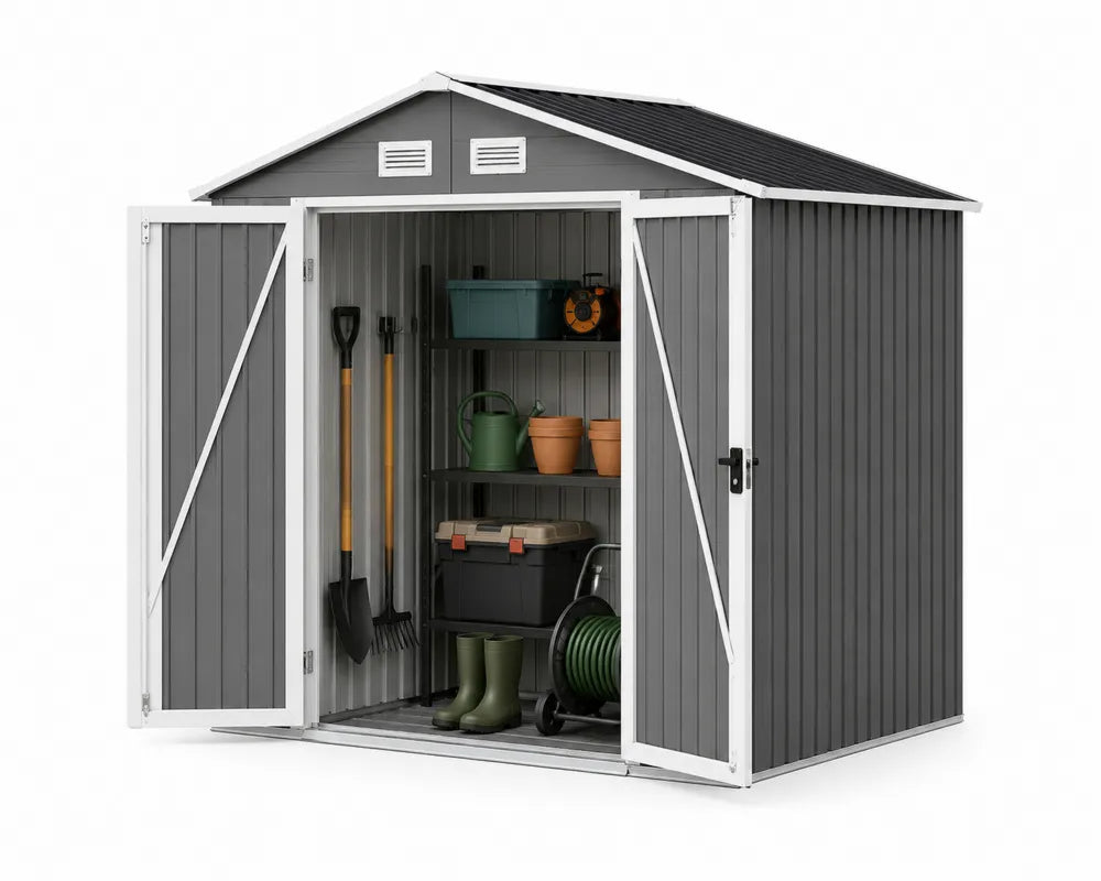 Caseta de almacenamiento exterior de acero galvanizado gris antracita 213 x 127 x 185 cm con doble puerta