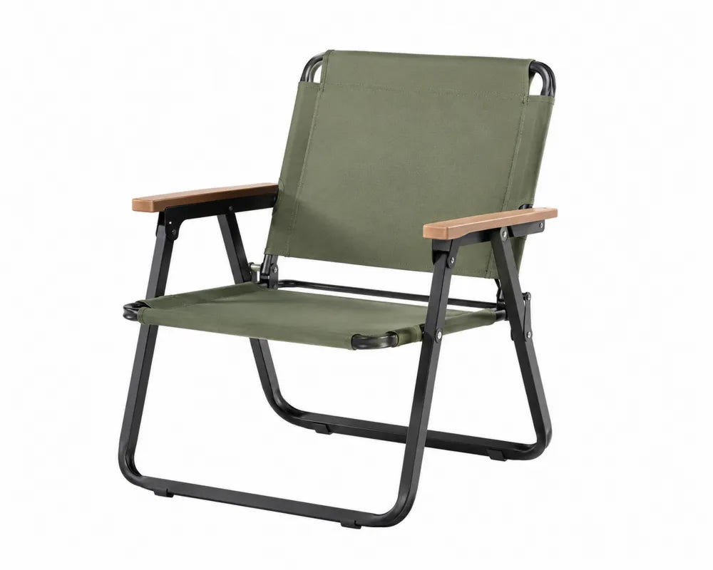 Silla plegable de exterior con brazos de acero negro verde oliva 55 cm x 60 cm x 78 cm con reposabrazos de madera