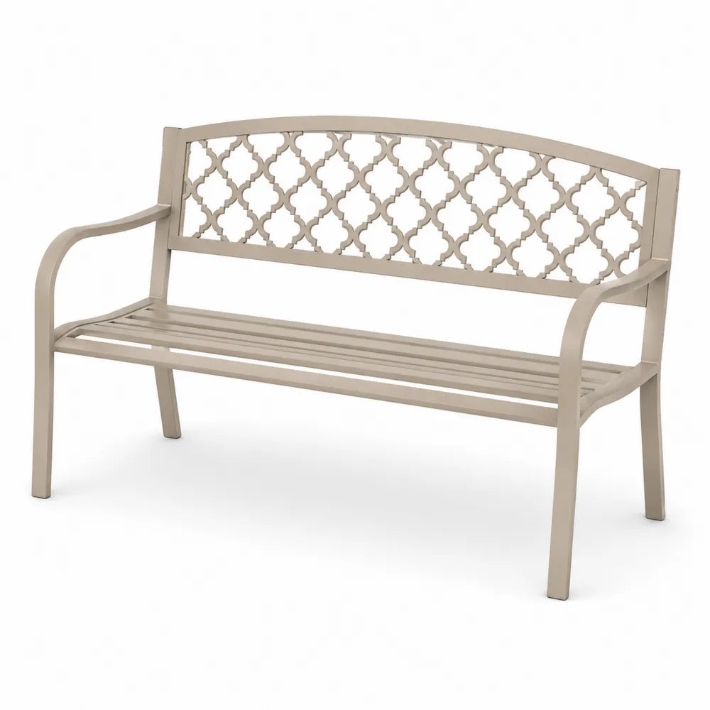 Banco de jardín de 2 plazas de aluminio fundido beige 125 cm x 58 cm x 88 cm con respaldo calado