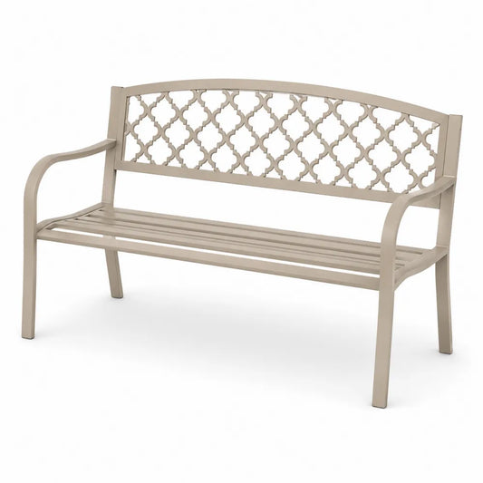 Banco de jardín de 2 plazas de aluminio fundido beige 125 cm x 58 cm x 88 cm con respaldo calado