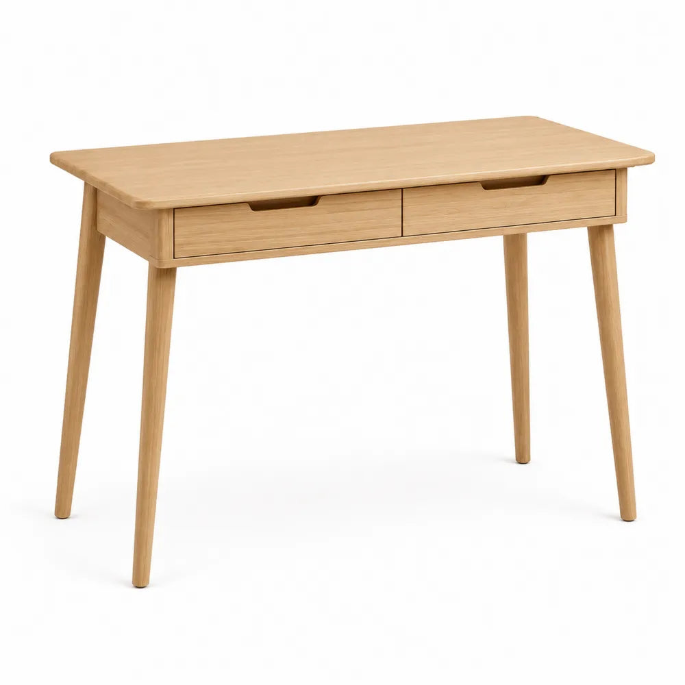 Escritorio rectangular de oficina con 2 cajones MDF chapado roble claro patas de madera maciza 110 x 55 x 76 cm