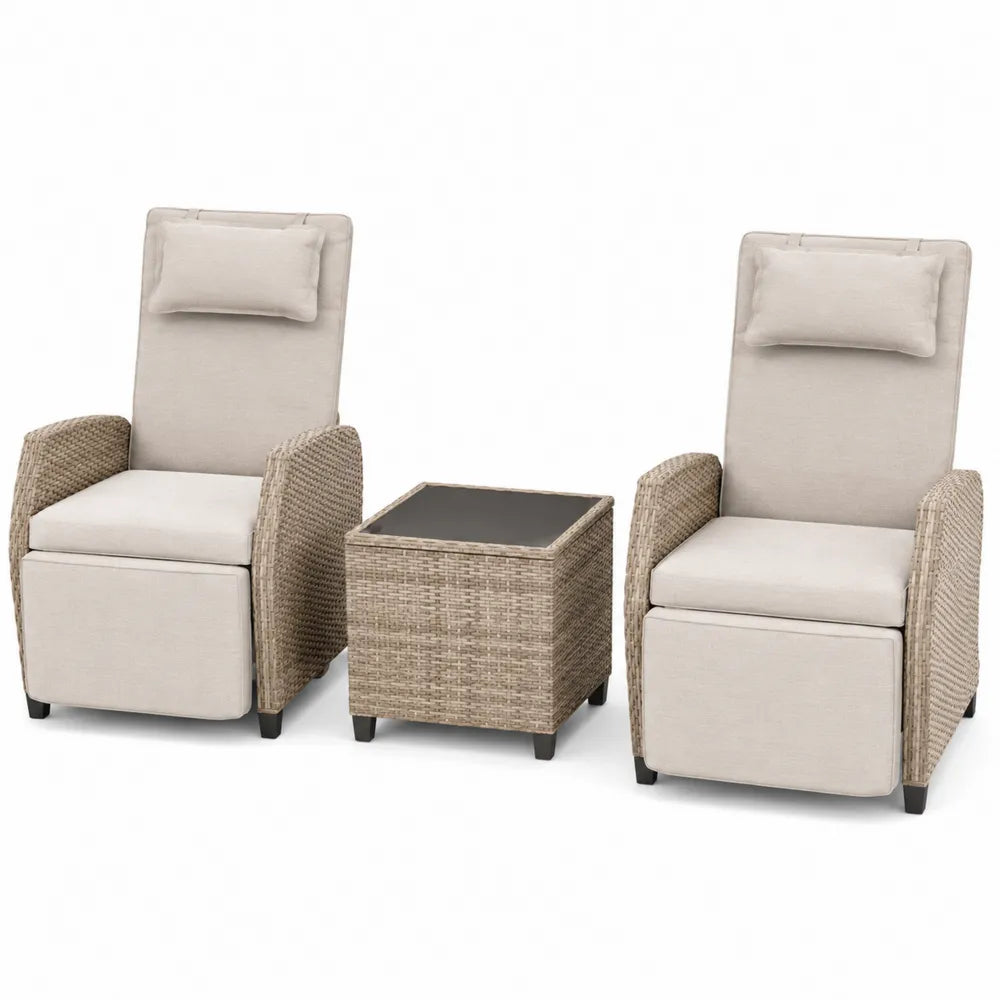 Set de jardín 3 piezas 2 sillones reclinables 70 cm x 88 cm x 108 cm mesa auxiliar 45 cm x 45 cm x 50 cm ratán PE beige acero vidrio templado negro cojines crema