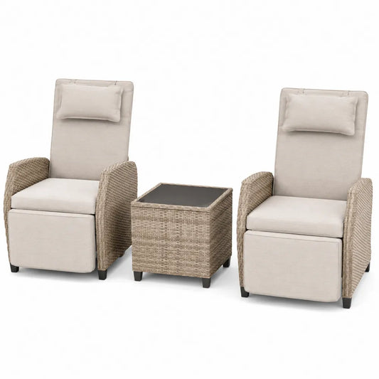 Set de jardín 3 piezas 2 sillones reclinables 70 cm x 88 cm x 108 cm mesa auxiliar 45 cm x 45 cm x 50 cm ratán PE beige acero vidrio templado negro cojines crema