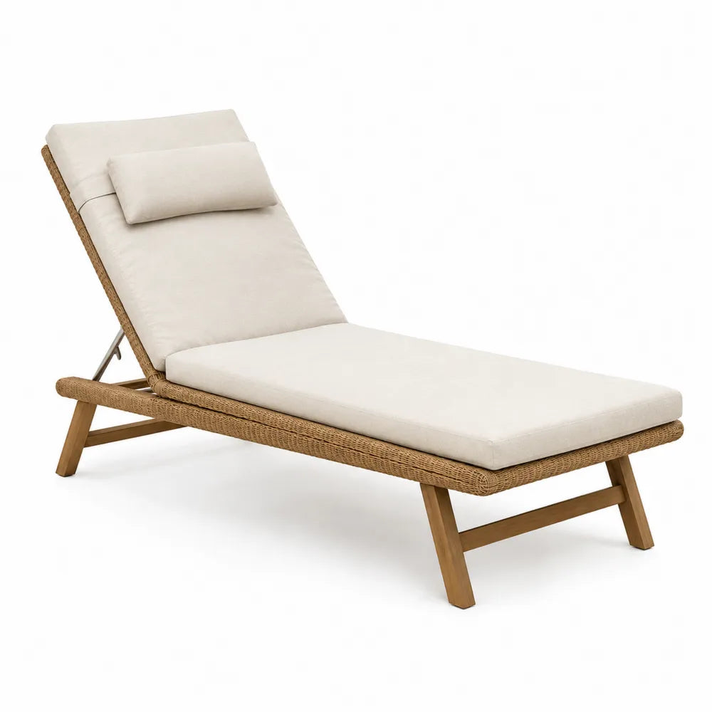 Tumbona de exterior reclinable de madera de acacia con ratán PE y cojín beige 200 x 65 x 85 cm