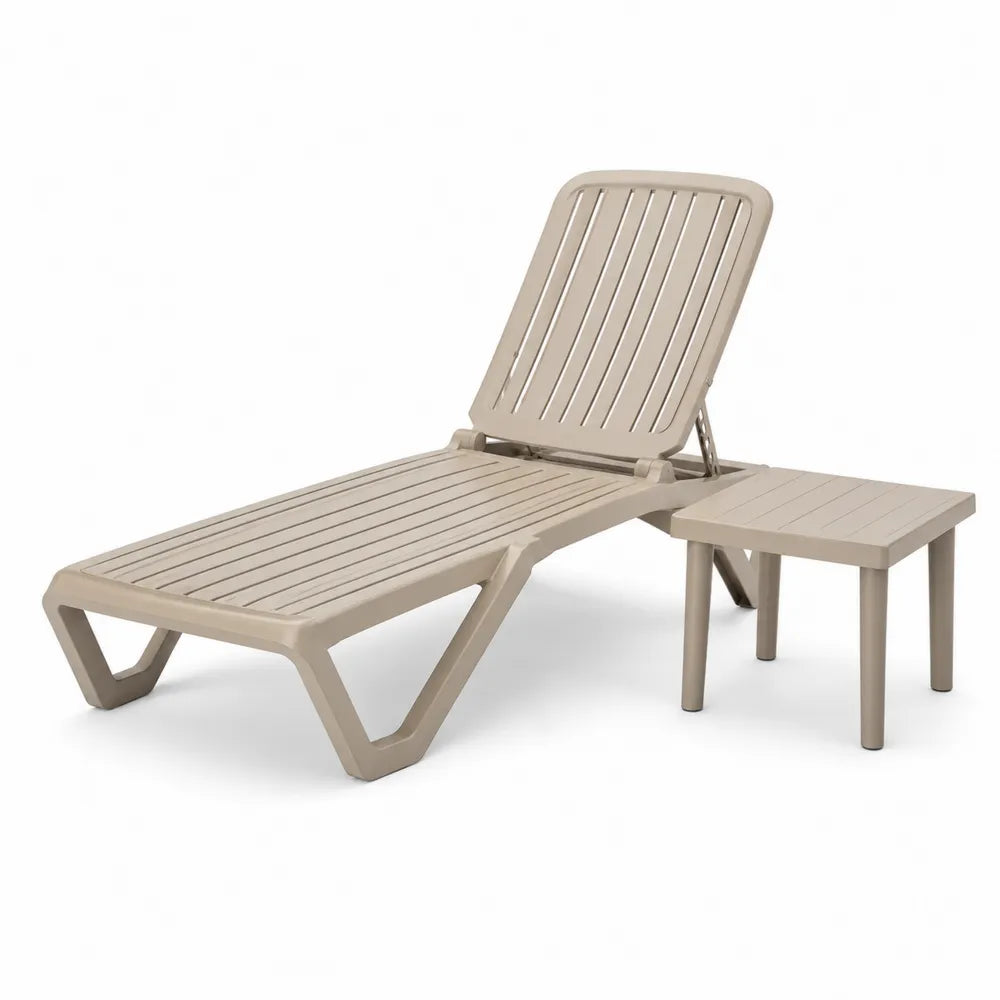 Tumbona exterior reclinable con mesa auxiliar PP 188 cm x 73 cm x 85 cm mesa 45 cm x 45 cm x 40 cm beige arena polipropileno