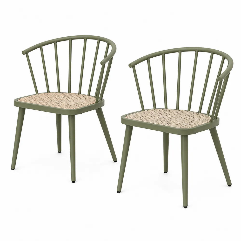 Set de 2 sillas de exterior de acero verde oliva con asiento de cuerda trenzada natural 55 cm x 58 cm x 78 cm