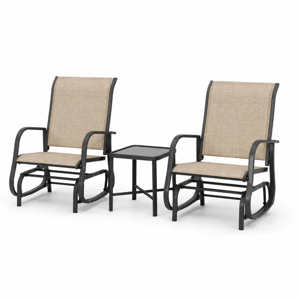 Conjunto de jardín 3 piezas con 2 sillas mecedoras de acero negro textilene beige 64 x 92 x 96 cm y mesa cuadrada 45 x 45 x 45 cm con vidrio templado