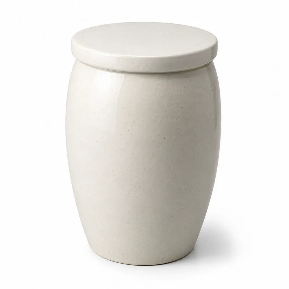 Mesa auxiliar de exterior en gres cerámico esmaltado color crema con forma cilíndrica 35 x 35 x 46 cm