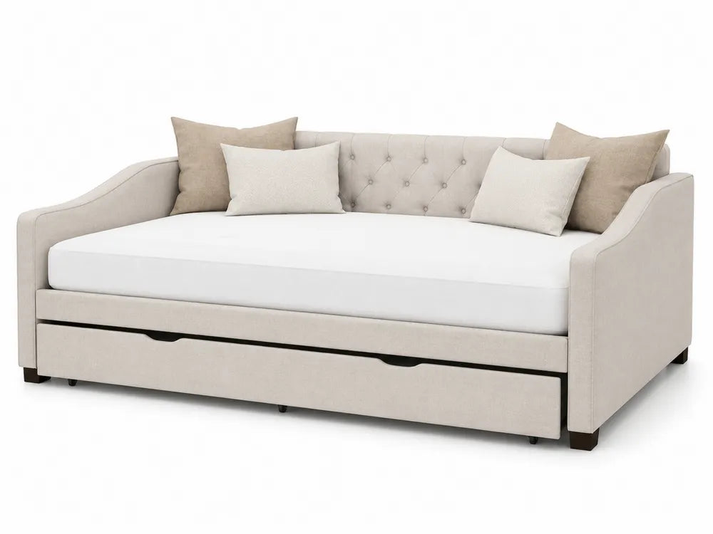 Cama de día tapizada con cama auxiliar extraíble 210 x 98 x 88 cm en poliéster beige y estructura de madera