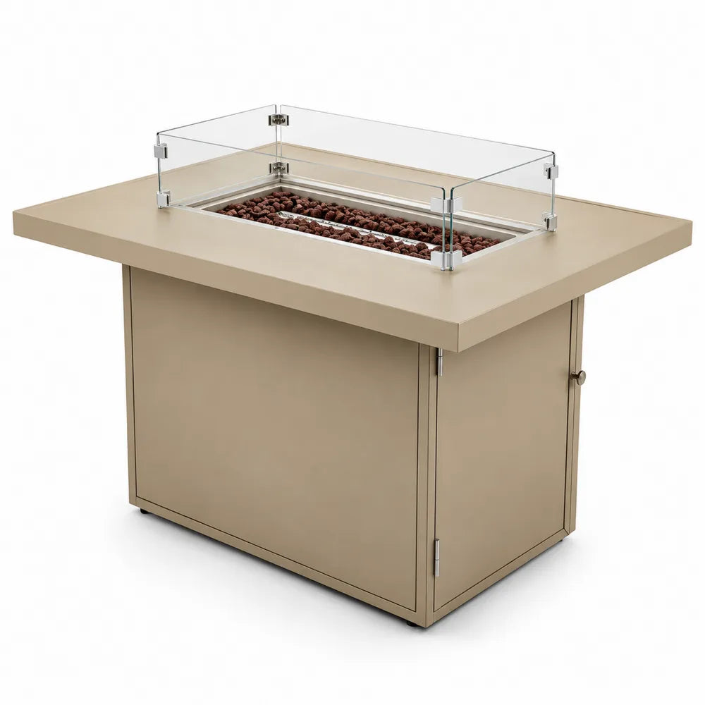 Mesa brasero de gas de exterior rectangular de acero beige con pantalla de vidrio templado 107 x 81 x 64 cm
