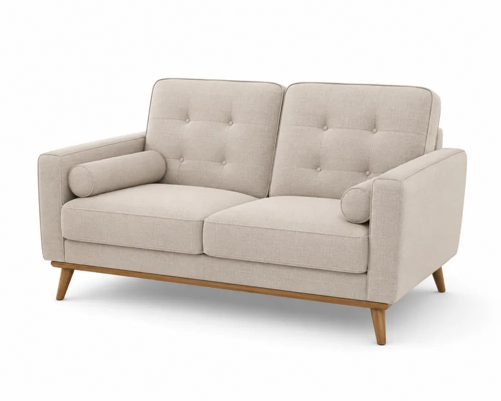 Sofá de 2 plazas tapizado en poliéster beige con patas de madera maciza de caucho y cojines decorativos 155 x 80 x 82 cm
