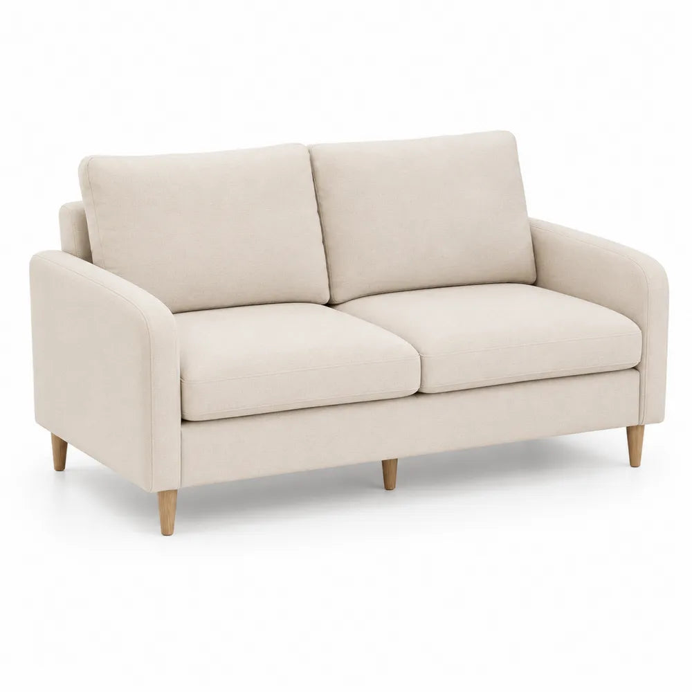 Sofá de dos plazas tapizado en tejido beige con patas de madera natural estructura de madera