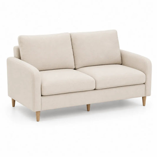 Sofá de dos plazas tapizado en tejido beige con patas de madera natural estructura de madera