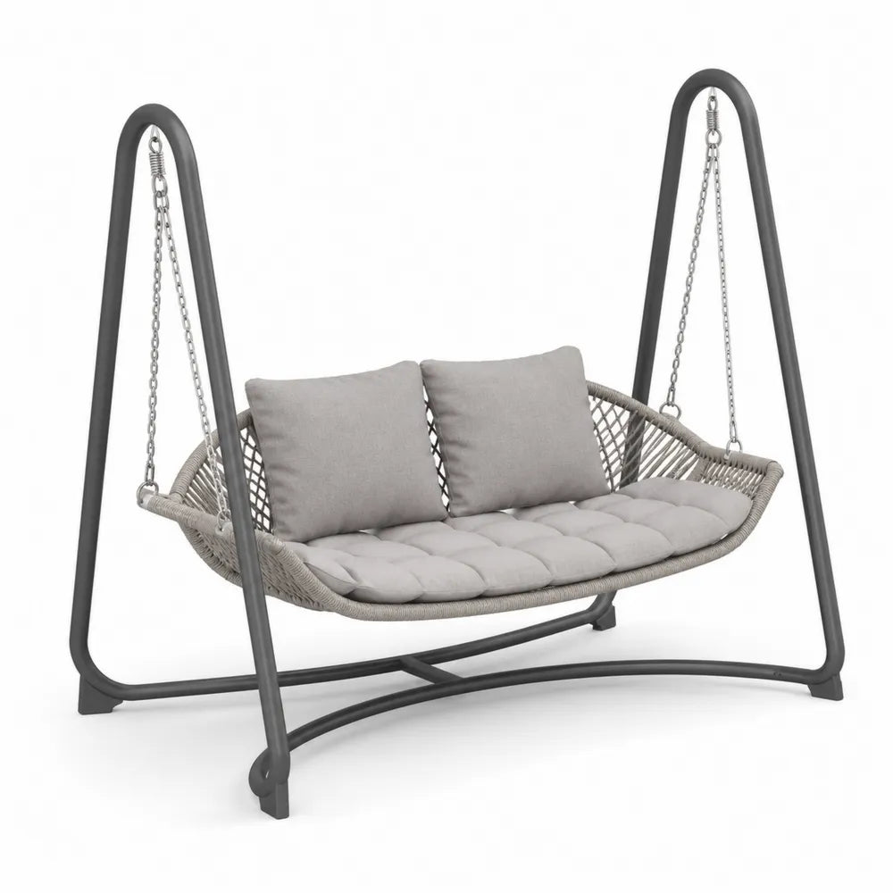 Sofá colgante de jardín 2 plazas 180 cm x 120 cm x 175 cm acero gris oscuro ratán PE cojines beige crema con estructura en A