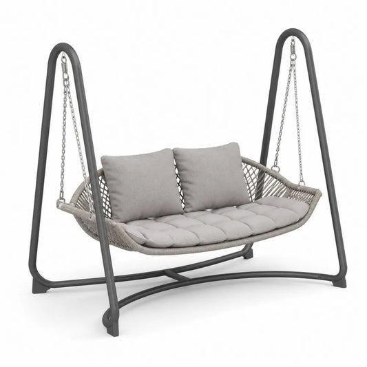 Sofá colgante de jardín 2 plazas 180 cm x 120 cm x 175 cm acero gris oscuro ratán PE cojines beige crema con estructura en A