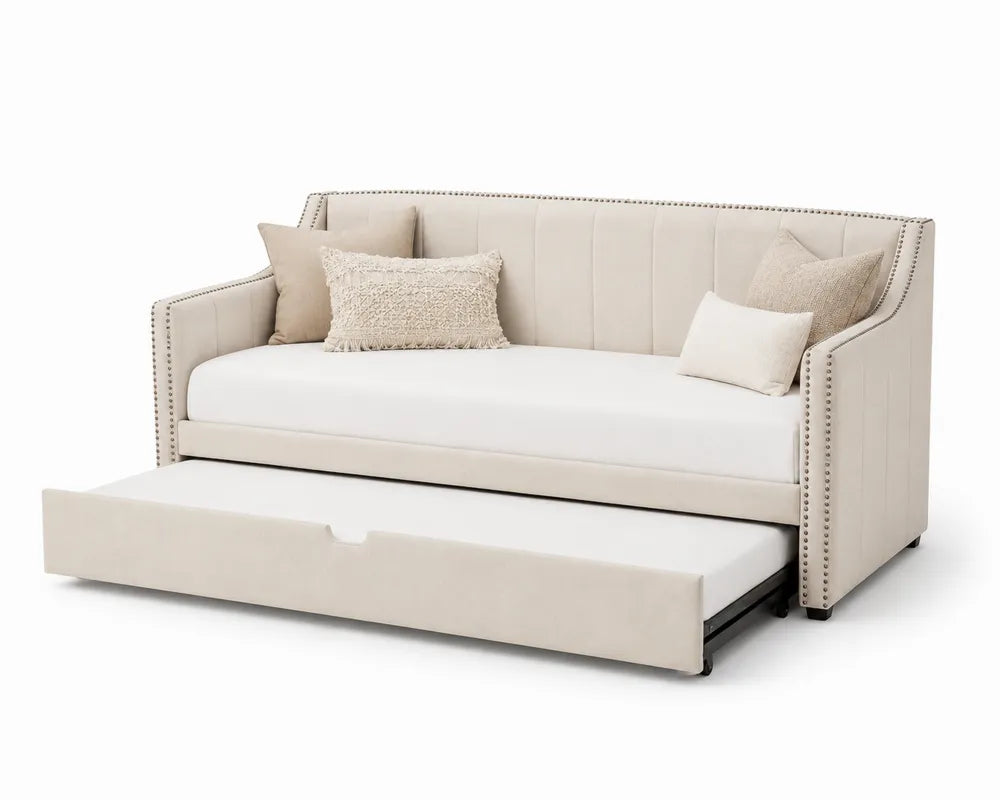 Cama de día tapizada con cama nido extraíble 210 x 100 x 85 cm en tejido poliéster beige con estructura de madera