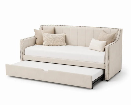 Cama de día tapizada con cama nido extraíble 210 x 100 x 85 cm en tejido poliéster beige con estructura de madera