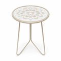 Mesa auxiliar de exterior redonda de cer¨¢mica esmaltada y acero beige blanco gris claro 40 cm x 40 cm x 50 cm
