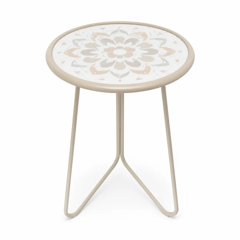 Mesa auxiliar de exterior redonda de cerámica esmaltada y acero beige blanco gris claro 40 cm x 40 cm x 50 cm