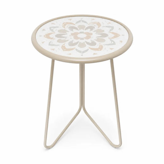 Mesa auxiliar de exterior redonda de cerámica esmaltada y acero beige blanco gris claro 40 cm x 40 cm x 50 cm
