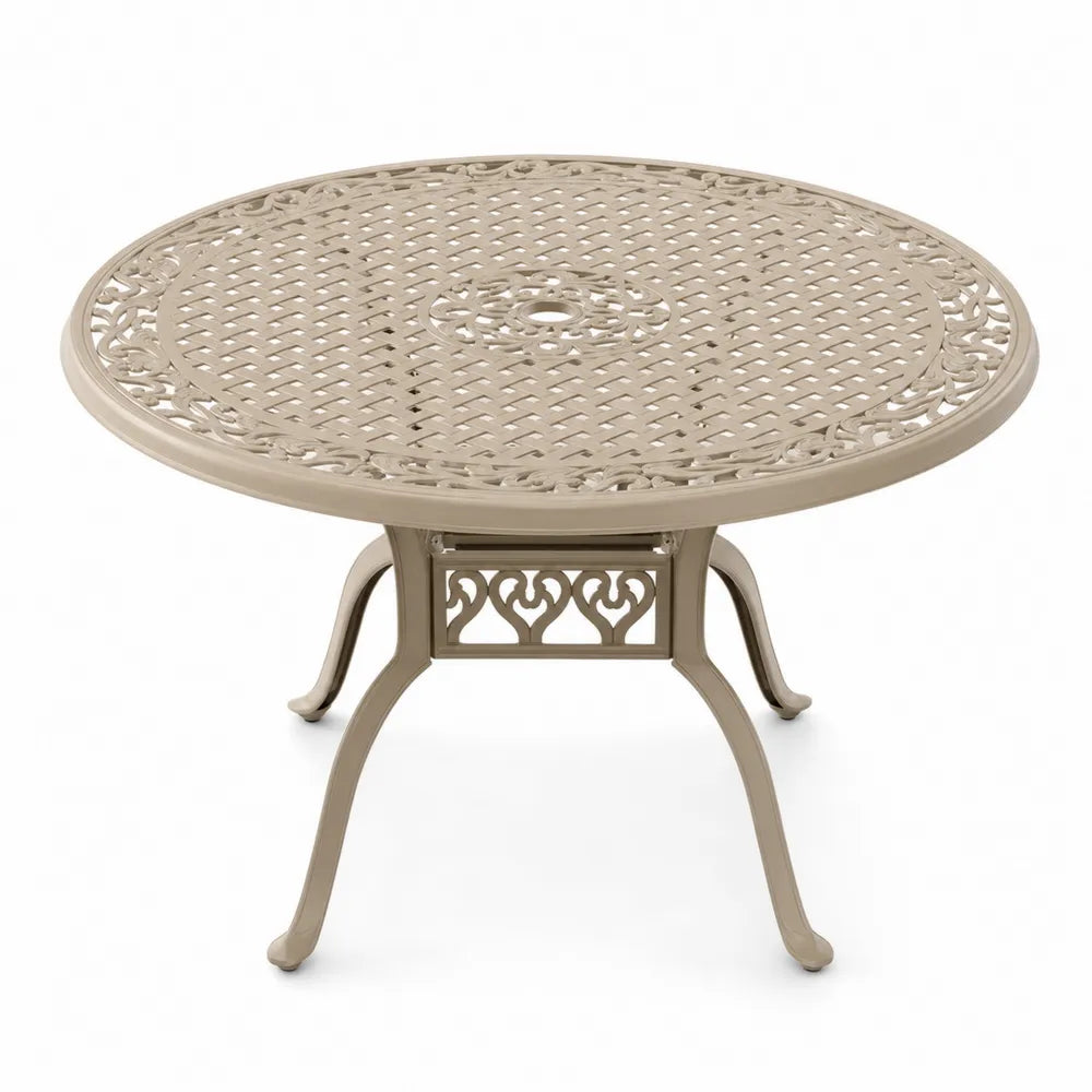 Mesa de exterior redonda de aluminio fundido con tablero calado beige arena 105 cm x 105 cm x 73 cm con orificio para sombrilla