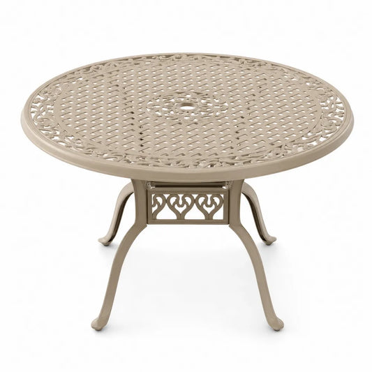 Mesa de exterior redonda de aluminio fundido con tablero calado beige arena 105 cm x 105 cm x 73 cm con orificio para sombrilla