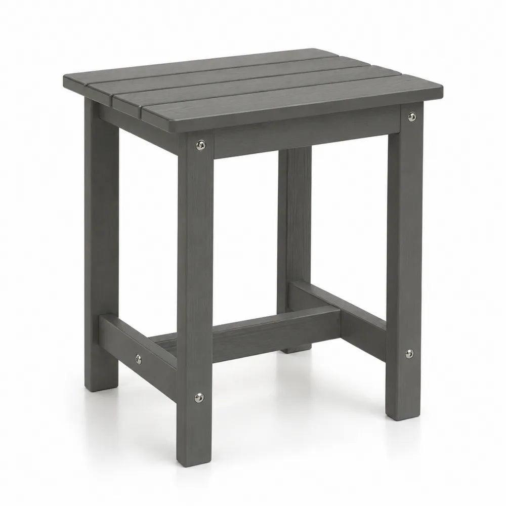 Mesa auxiliar de exterior cuadrada de HDPE gris oscuro 45 cm x 45 cm x 45 cm con tablero de lamas
