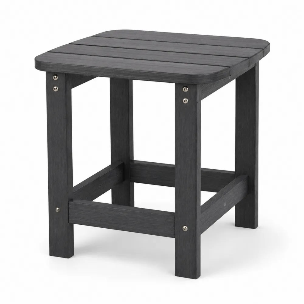 Mesa auxiliar de exterior cuadrada de HDPE gris oscuro 45 cm x 45 cm x 45 cm con tablero de lamas