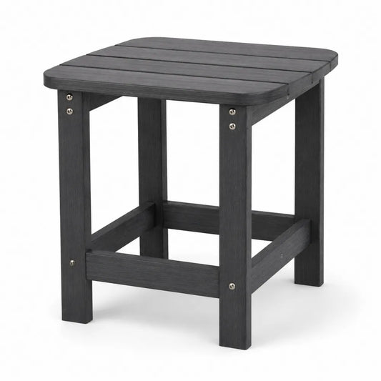 Mesa auxiliar de exterior cuadrada de HDPE gris oscuro 45 cm x 45 cm x 45 cm con tablero de lamas