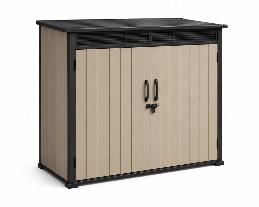 Armario de almacenamiento exterior de polipropileno PP beige y negro 130 x 75 x 110 cm