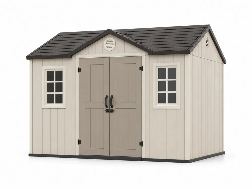 Caseta de almacenamiento exterior 278 cm x 192 cm x 223 cm resina PP beige taupe con doble puerta y ventanas techo negro
