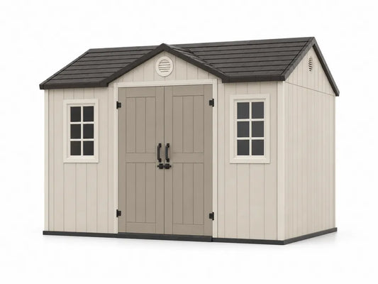 Caseta de almacenamiento exterior 278 cm x 192 cm x 223 cm resina PP beige taupe con doble puerta y ventanas techo negro